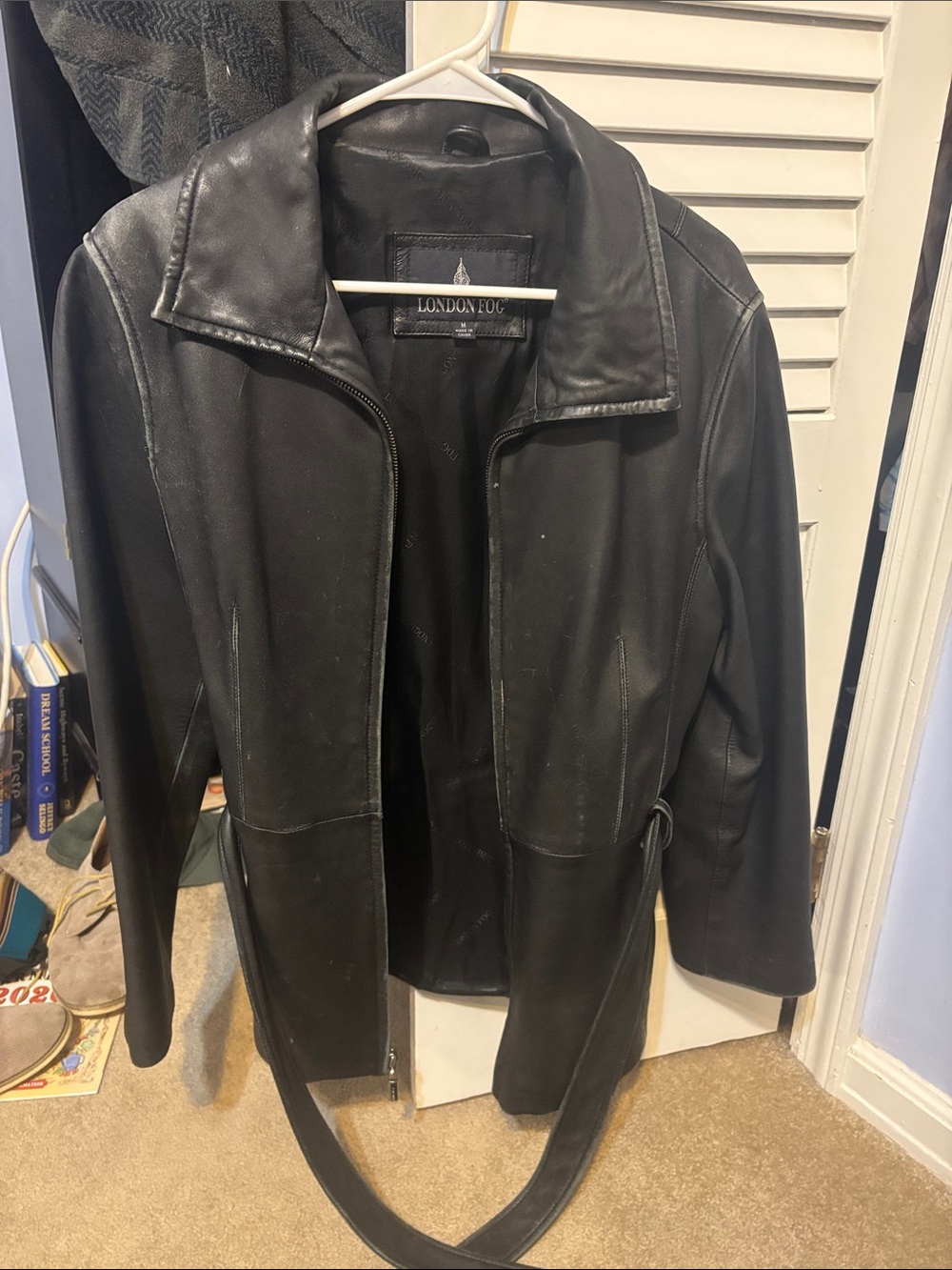 Vintage London Fog Black Leather Zip-Front Jacket With Belt